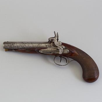 SNAPPLÅSPISTOL, dubbelpipig, otydlig signatur, 1800-tal.