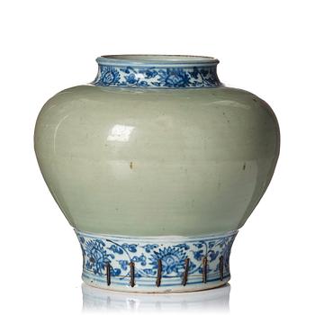 A blue and white celadon ground jar, Ming dynasty (1368-1644).