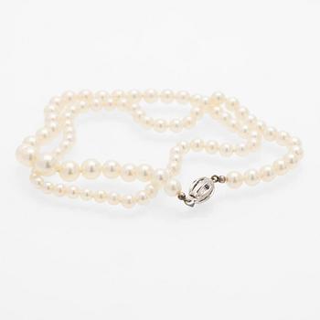 Necklace of cultured graduated pearls with an 18K white gold and sapphire clasp.