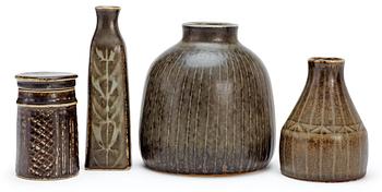 A Carl-Harry Stålhane stoneware lidded jar and three vases, Rörstrand.