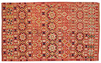 254. A BED COVER, double-interlocked tapestry, ca 197 x 117,5 cm, Scania (Skåne)1810, probably Gärds or Villands district.