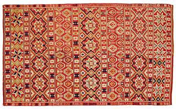 254. A BED COVER, double-interlocked tapestry, ca 197 x 117,5 cm, Scania (Skåne)1810, probably Gärds or Villands district.