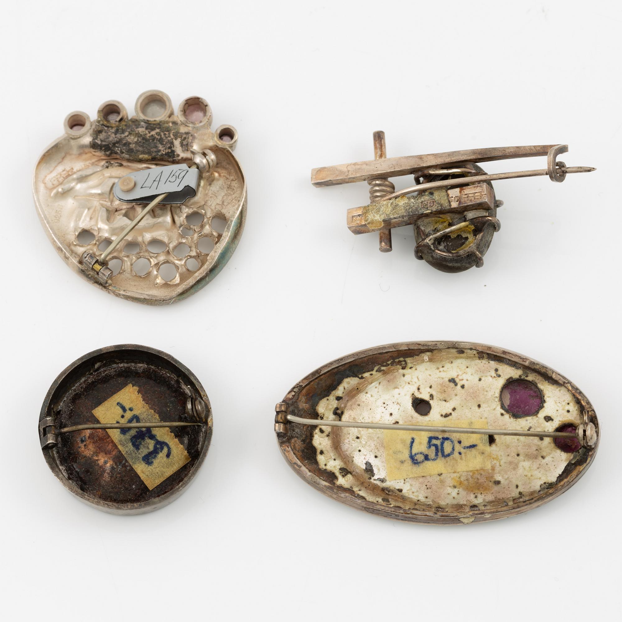 Lars Arby, four brooches, sterling silver and enamel stones, Gothenburg 1963, 1964 and 1971.