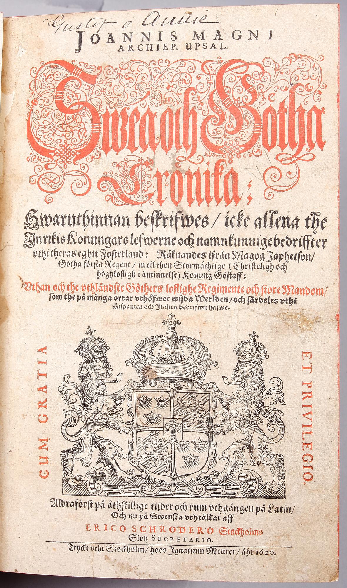 BOK, "Swea och Götha Krönika" av Johannis Magni, Stockholm 1620.