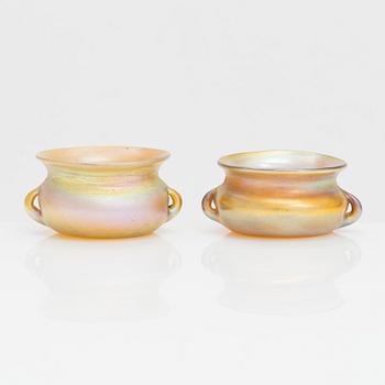 Louis Comfort Tiffany, a pair of glass salt cellars, marked LCT 9823, USA early 20th century.