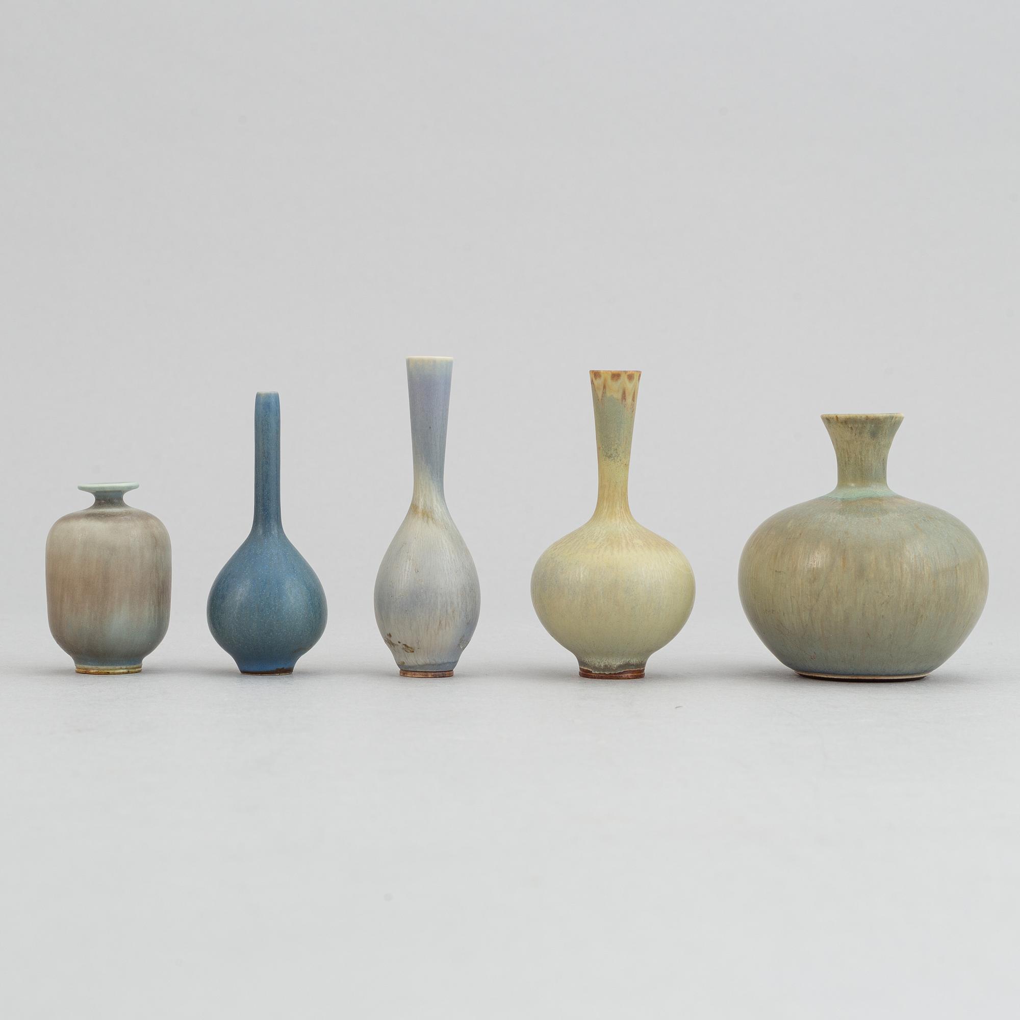 Berndt Friberg, a set of five stoneware miniature vases, Gustavsbergs studio, 1950's.