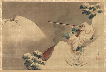 1560. Katsushika Hokusai Hans skola, RULLMÅLNING, föreställande man med gevär i snötäckt bergslandskap.