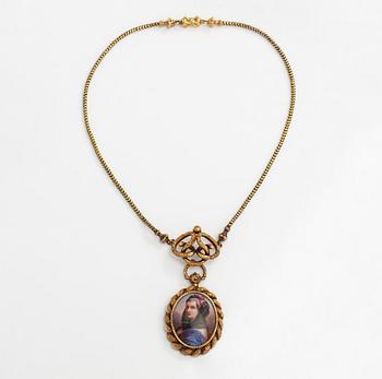 An 18K gold neckalce with a miniature painting. 19th century.