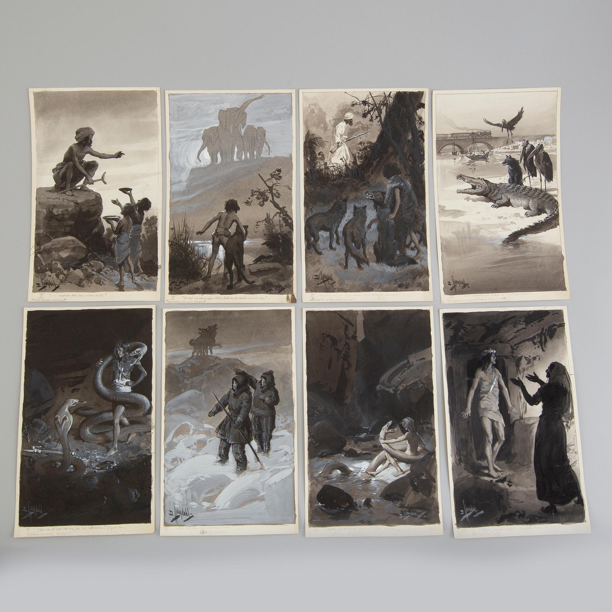 DAVID LJUNGDAHL, illustrationer, 8 st, tusch och täckvitt, signerade D. Ljungdahl. "Den andra djungelboken".