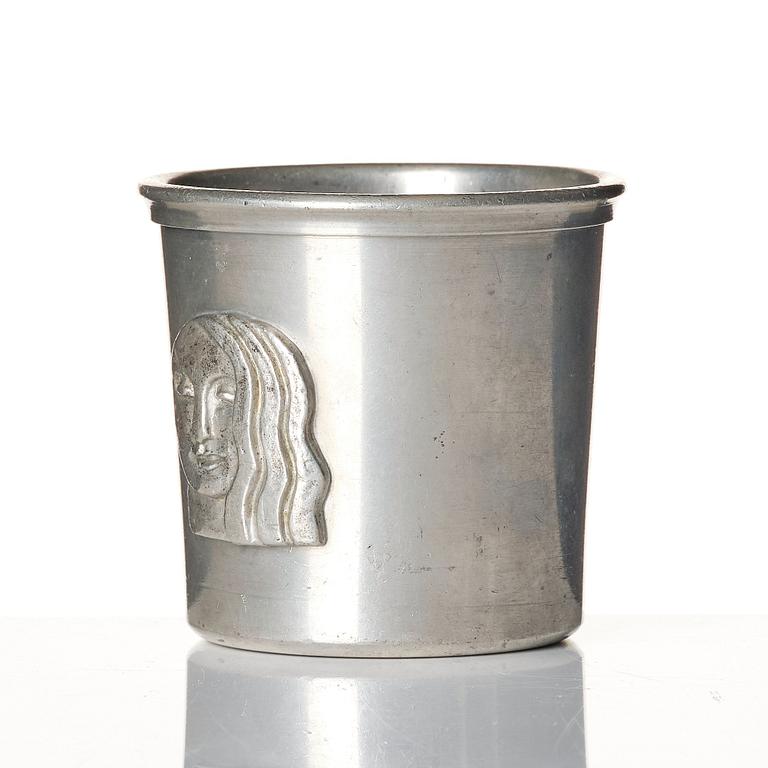 Firma Svenskt Tenn, a pewter matchbox case with beaker, models "38d" and "185a", with decor by Anna Petrus, Stockholm 1927-28.