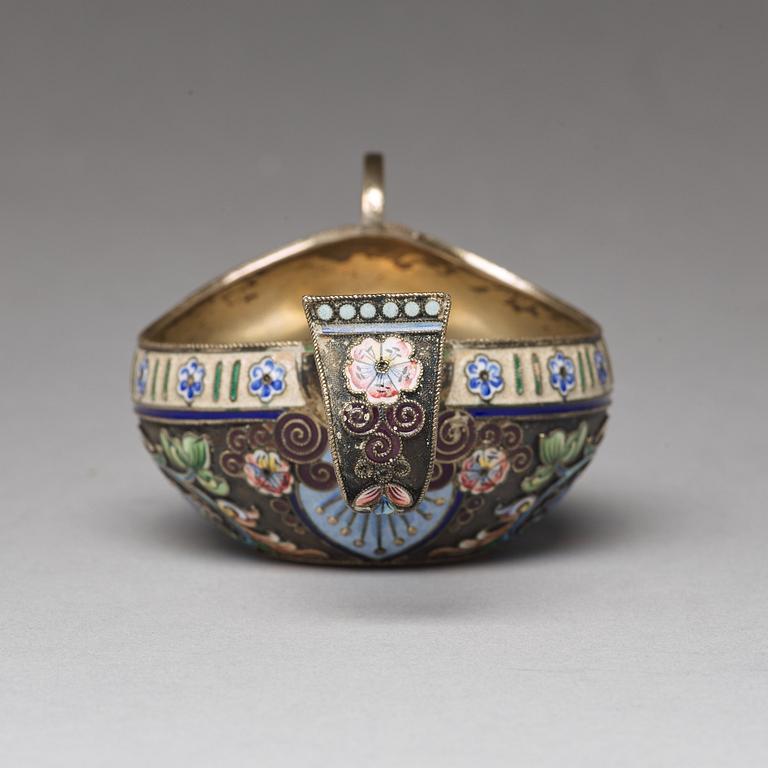 A Russian 20th century silver-gilt and enamled kovsh, mark of the 11th Artel, Moscow 1908-1917.