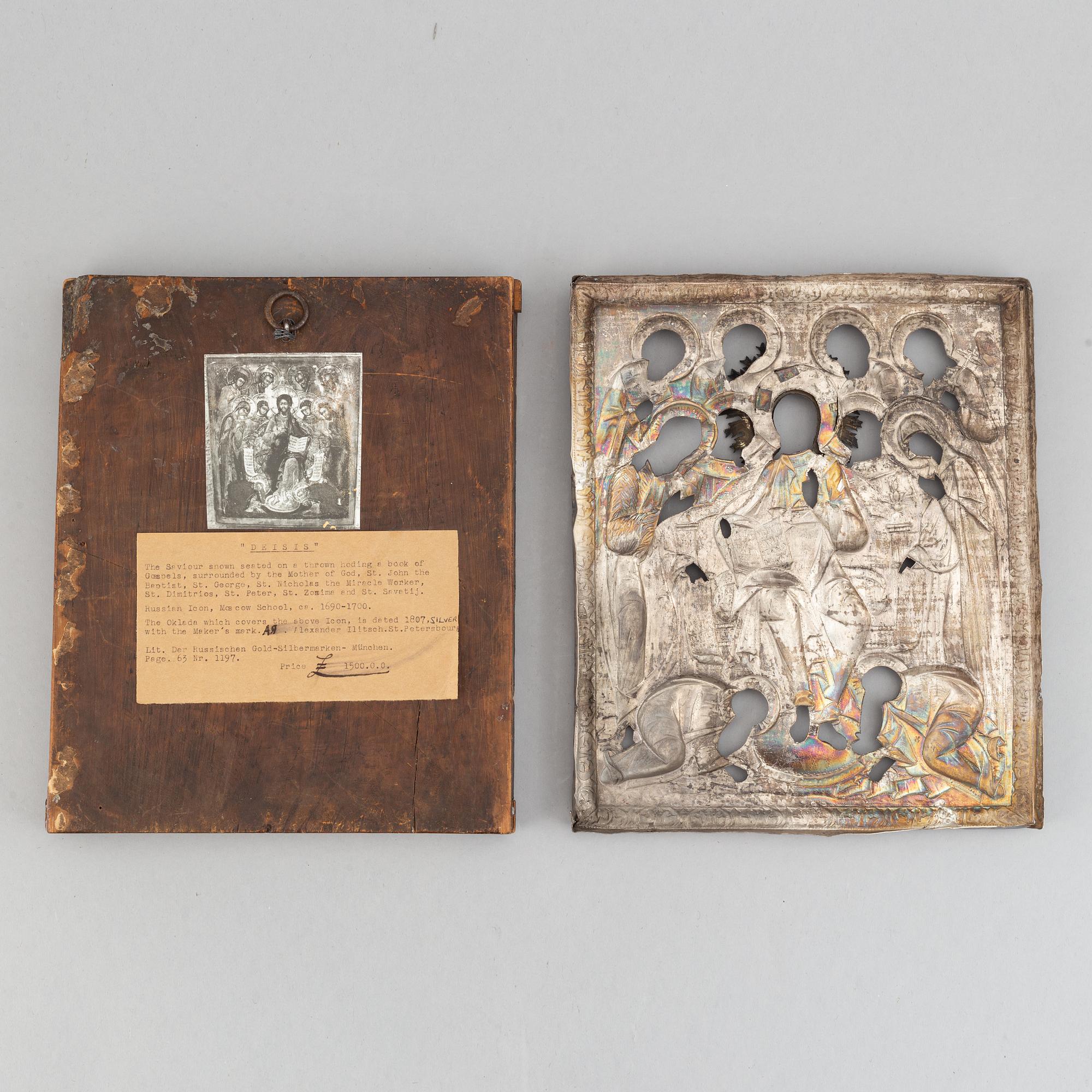 A Russian icon, tempera on panel with parcel-gilt and silver oklad, assaye mark Alexander Jashinov, St Petersburg, 1807.