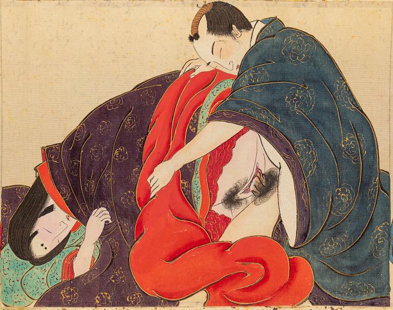 MAKIMONO/RULLMÅLNING, shunga, tusch och färg på siden. Meiji (1868-1912).