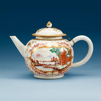 1566. A large famille rose 'European Subject' tea pot with cover, Qing dynasty, Qianlong (1736-95).