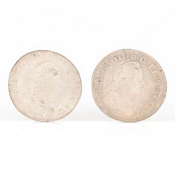 SILVERMYNT, 2 st, 1/3 Riksdaler, Gustav III av Sverige 1784 resp 1787. Vikt tot ca gram.