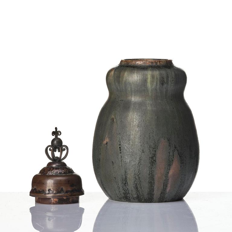 Patrick Nordström, a stoneware urn with a patinated metal cover, Royal Copenhagen, Denmark 1914.