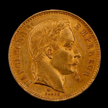 GULDMYNT,20 fr, Napoleon III, 1869. Vikt ca 6 g.