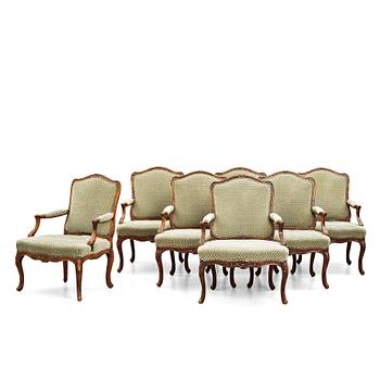 62. Seven French armchairs (two 18th century and five late 19th century).