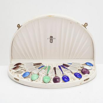 Tillander, sixteen enamelled and gilded silver coffee spoons, Helsinki 1952-65. Twelve in original box.