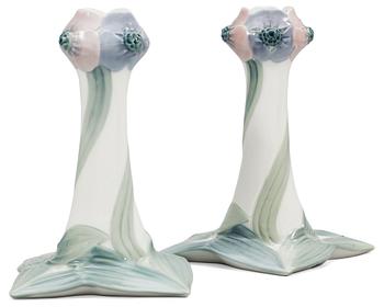 A pair of porcelain art nouveau candlesticks, Rörstrand circa 1900-1905.