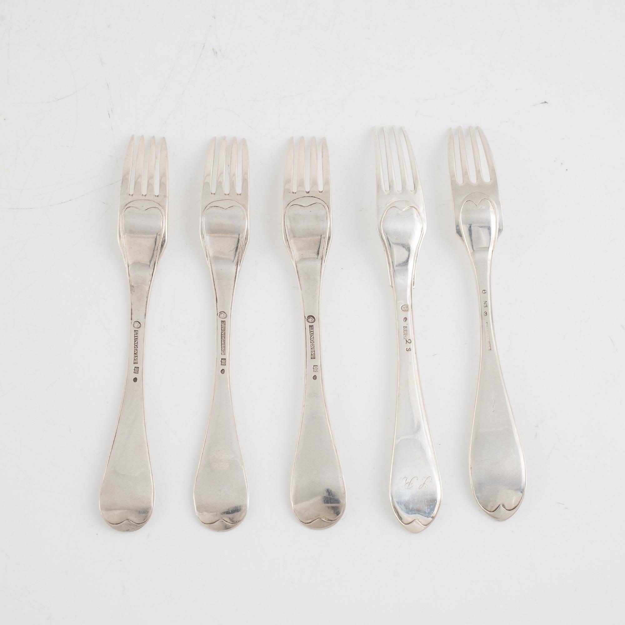 Gafflar, 10 st, silver, bl.a. Magnus Ljungqvist, Kristianstad 1798.