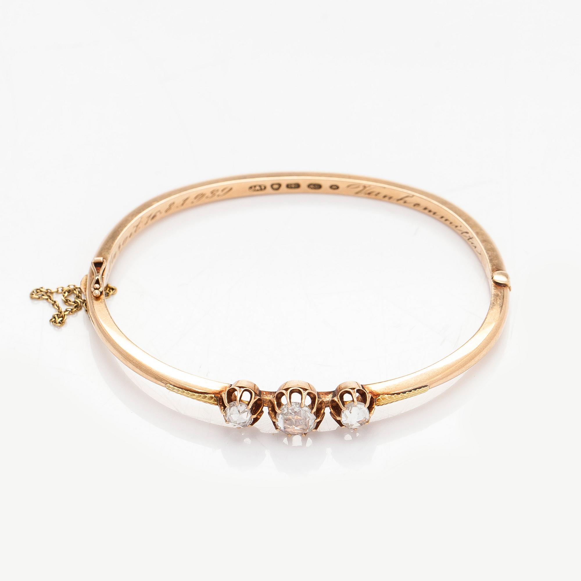 J.A Tarkiainen, rannekoru, 14K kultaa, ruusuhiottuja timantteja, Viipuri 1939.