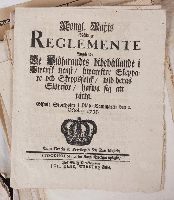 PARTI KUNGÖRELSER, AVHANDLINGAR OCH SMÅTRYCK, ca 40 st, 1700-1800-tal.