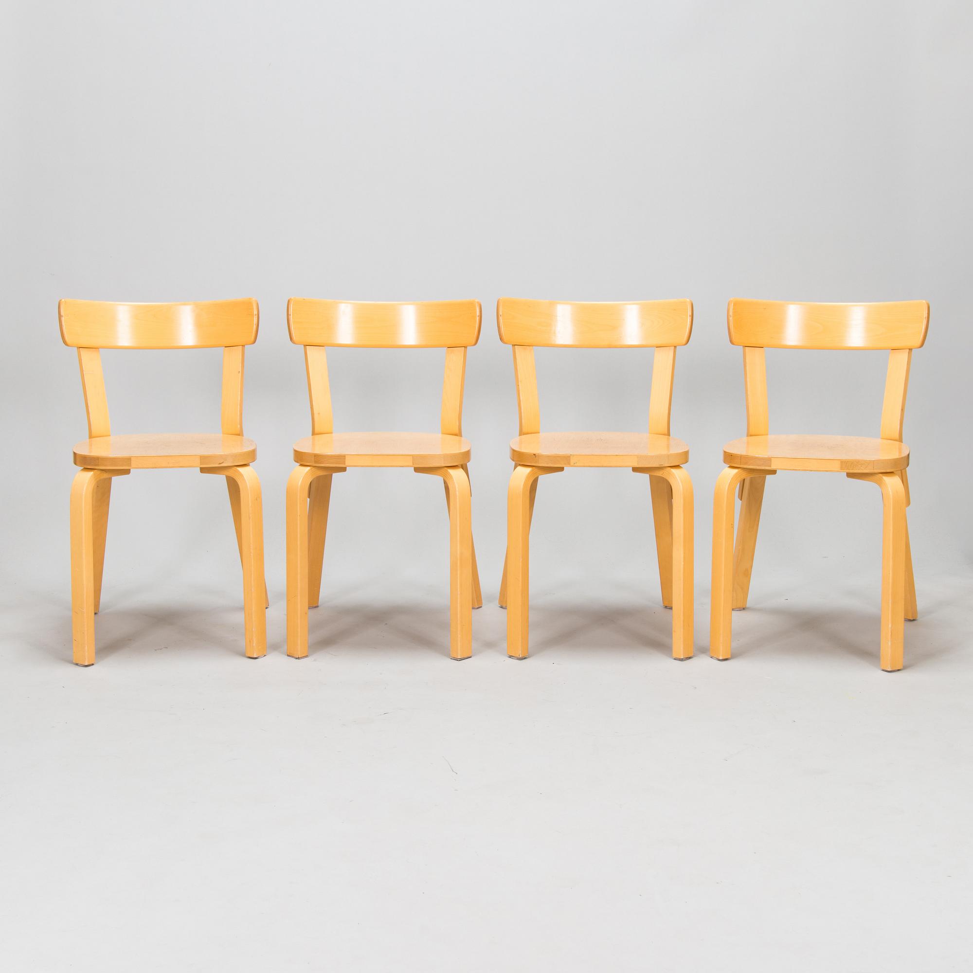 Alvar Aalto, tuoleja, 4 kpl, malli 69 Artek, 1900-luvun loppu.