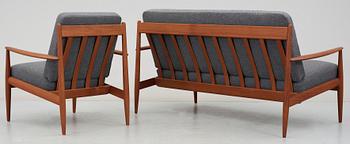 A Grete Jalk sofa and easy chair by France & Son, Denmark.