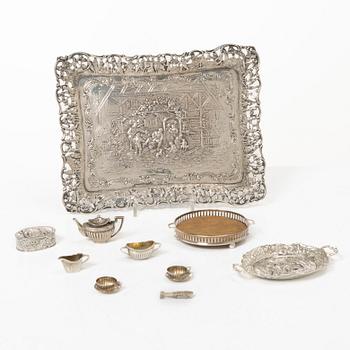 Tray, dish, box, and miniature tea set in seven pieces, silver.