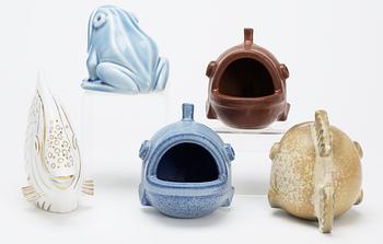 A set of five Gunnar Nylund stoneware figures of a frog and four fishes, Rörstrand.
