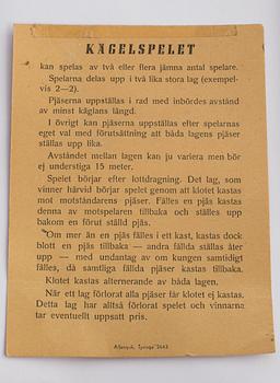KÄGELSPEL i trälåda, 1900-talets första hälft Sverige.