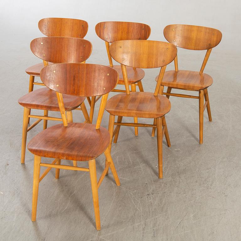 Stolar, teak och bok, 6 st, 1950-60-tal.