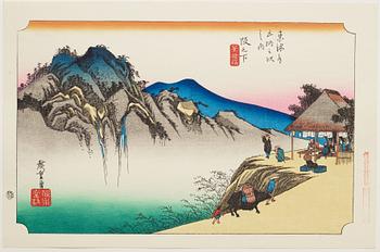 ANDO HIROSHIGE, senare avdrag, mapp, "The fifty-three stations on the tokaido", utgiven av Kata Hanga Kenkyujo.