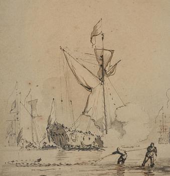 Willem van de Velde, attributed to, Coastal scene with fishermen and warships.