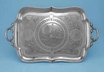A TRAY, 84 silver. Marked ви Moscow. Assay master Andrei Kowalskij 1827-56. Lenth 44 cm. Weight c. 700 g.