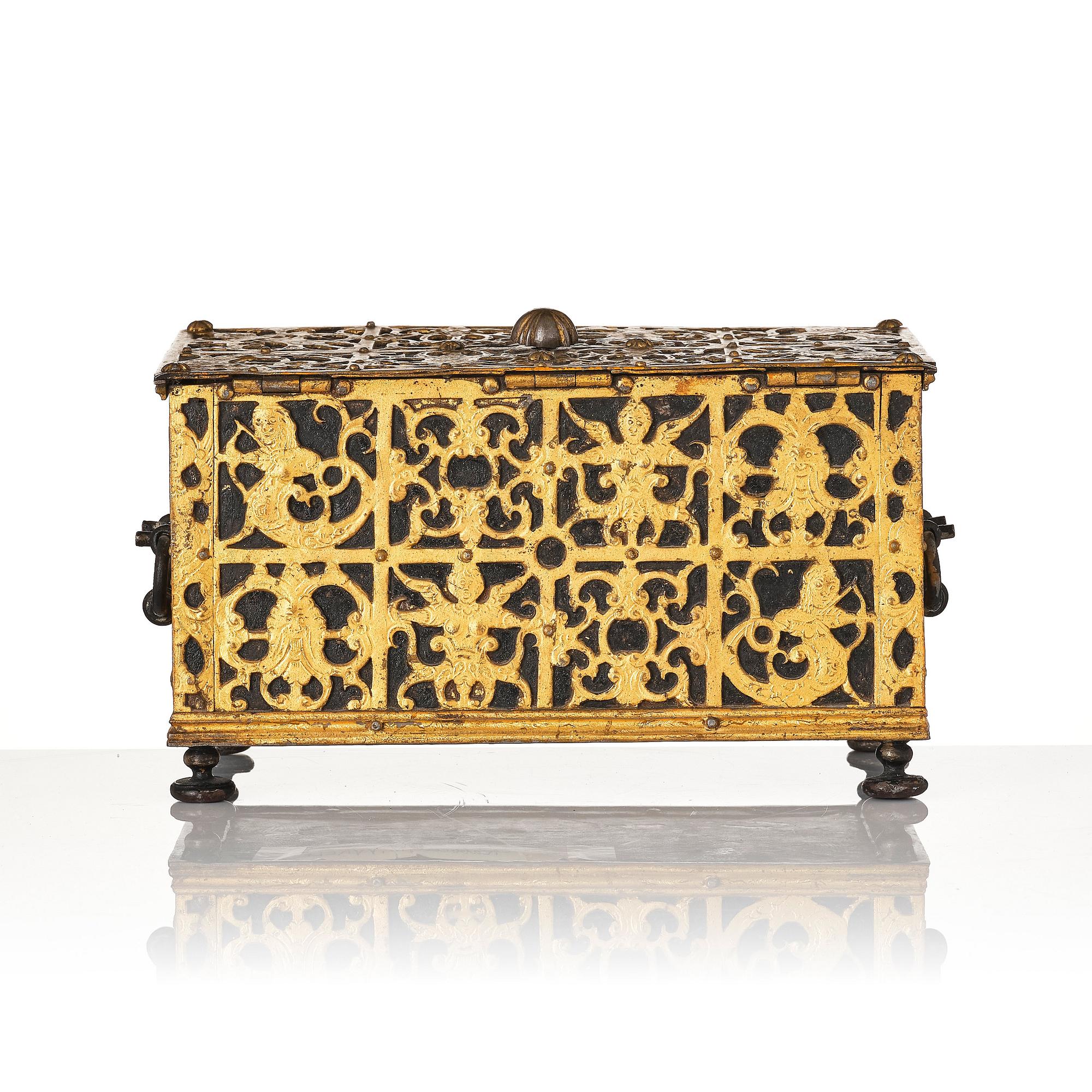 The Wrangel strongbox, a German wrought iron and steel engraved strongbox dated 1658.