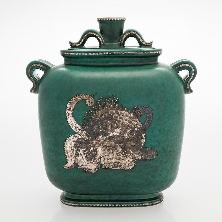 Wilhelm Kåge, urna med lock, stengods, "Argenta", Gustavsberg.