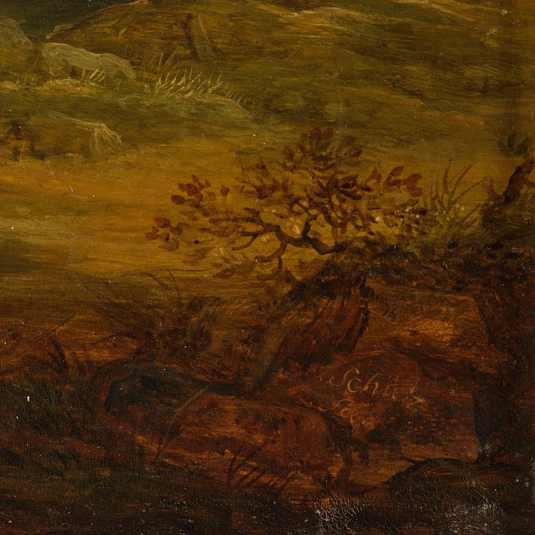 Christian Georg Schütz, Pastorala flodlandskap med figurer och båter, ett par.