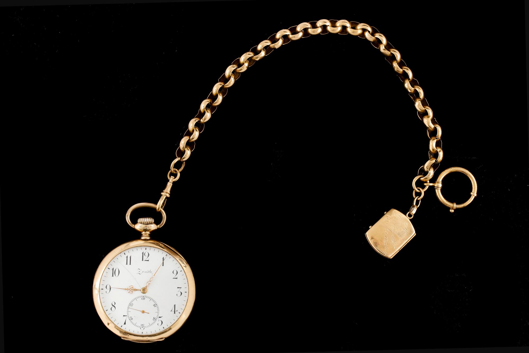 HERRFICKUR MED KLOCKKEDJA, Zenith, 18k guld, en boett, kedjans vikt 20,1g, 1910-tal.