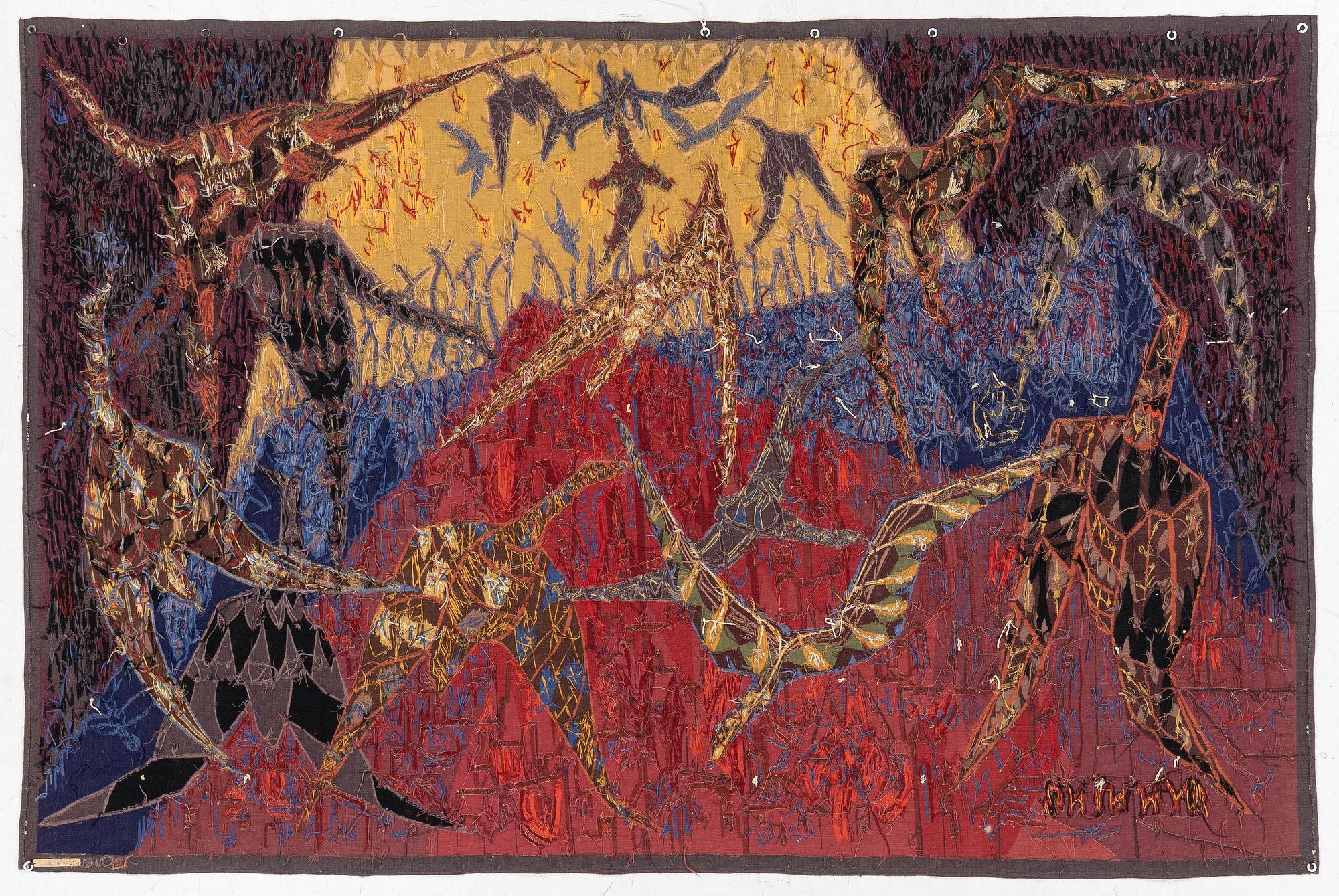 Lars Gynning, vävd tapet "Flyttfåglar", gobelängteknik, ca 230 x 150 cm, PF Aubusson signerad Gynning.