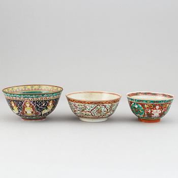 A group of bowls, a Chinese bowl for the persian market and 2 Thai Bencharong bowls, 19th Century.