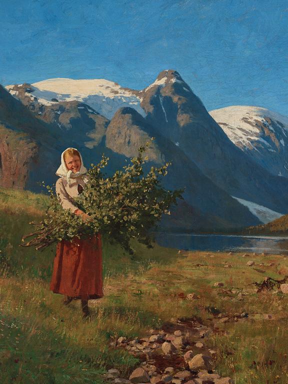 Hans Dahl, Fjordlandskap med figurer som plockar ris.