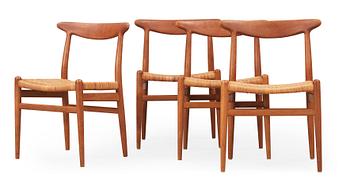 66. A set of four Hans J Wegner teak and rattan chairs, CM Madsen, Denmark 1950's-60's.