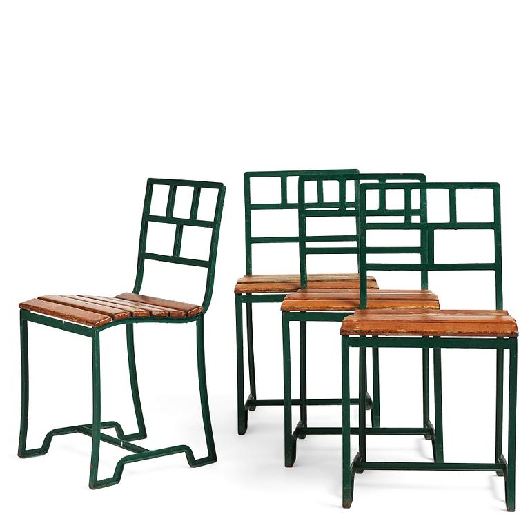 Carl Hörvik, a set of four iron framed garden chairs, ca 1927-1929, probably by Grythyttan Sweden for Lindgården, Stockholm.