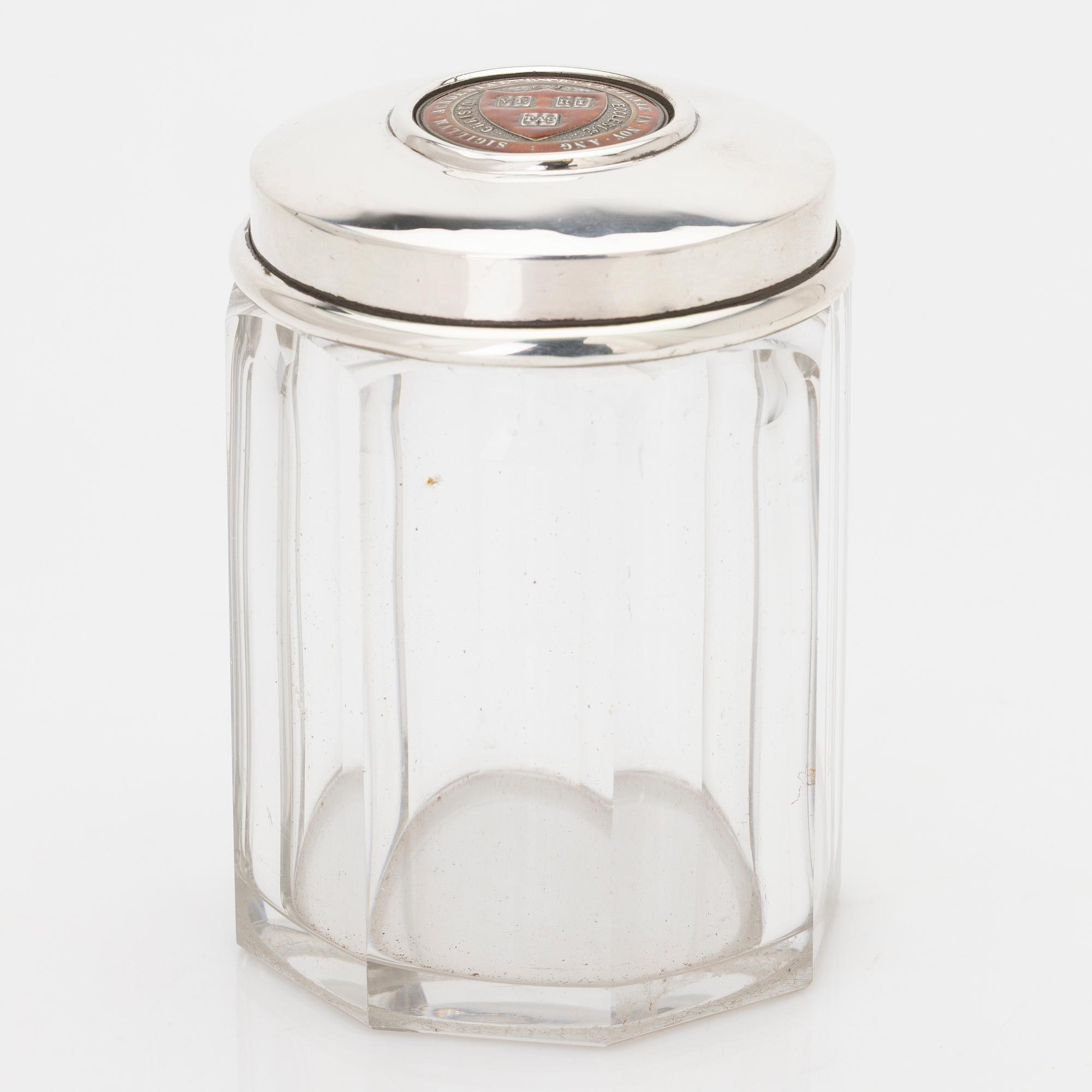 Lidded jar, sterling silver and glass, Howard & Co, New York, 1895.