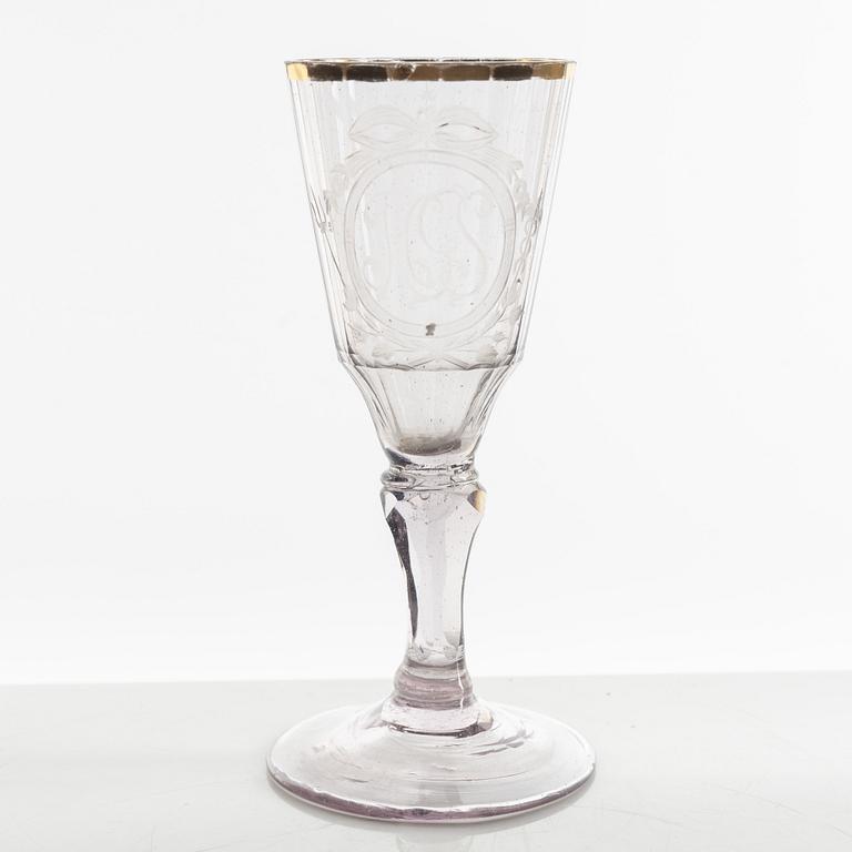 A set of two wineglasses and a small glass, 18th century.