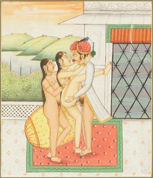Oidentifierad konstnär, Erotiska scener, Indien, 1900-tal. Tre stycken.