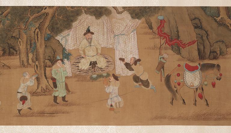 A fine handscroll of hunting scenes and with calligraphy, Qing dynasty.