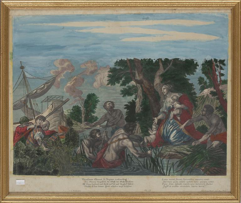 TITTSKÅPSBILDER, 5 st, kopparstick, handkolorerade, 1700-tal.